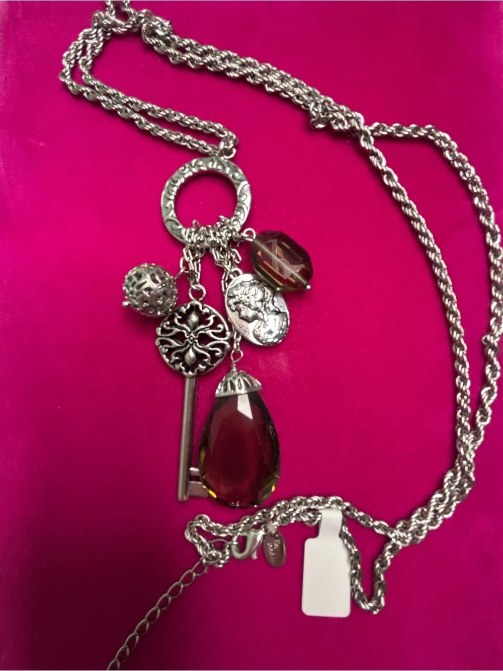 Lia Sophia Silver Key & Charm Pendant Necklace with Olive Color Teardrop